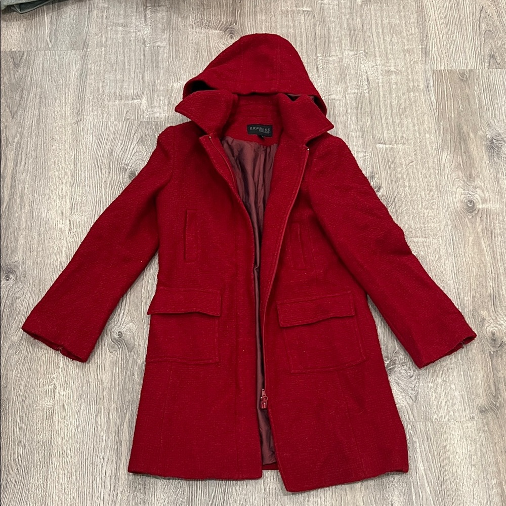 Express Red Hooded Wool-Blend Pea Coat